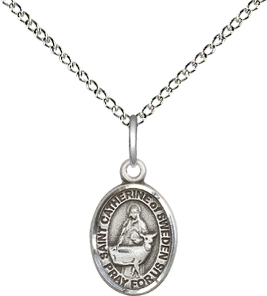 Sterling Silver Saint Catherine of Sweden Pendant on a 18 inch Sterling Silver Light Curb chain