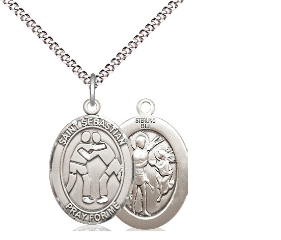 Sterling Silver Saint Sebastian Wrestling Pendant on a 18 inch Light Rhodium Light Curb chain