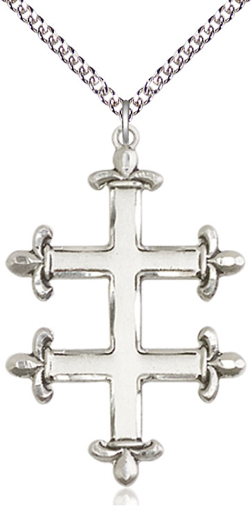 Sterling Silver Cross of Lorraine Pendant on a 24 inch Sterling Silver Heavy Curb chain