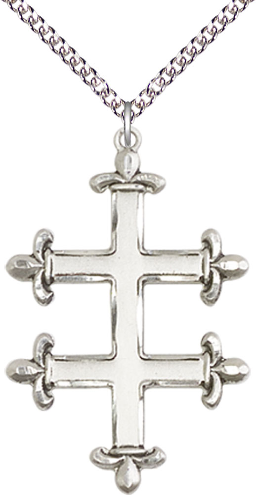 Sterling Silver Cross of Lorraine Pendant on a 24 inch Sterling Silver Heavy Curb chain