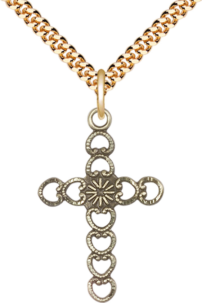 14kt Gold Filled Hearts w/Sunburst Pendant on a 24 inch Gold Plate Heavy Curb chain