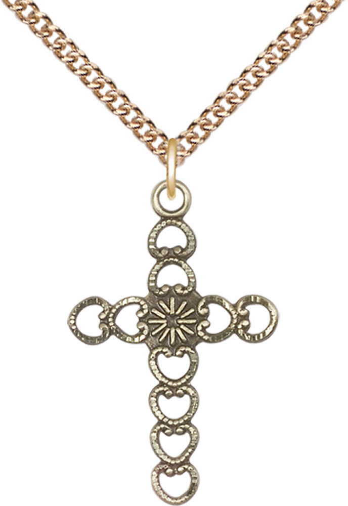 14kt Gold Filled Hearts w/Sunburst Pendant on a 24 inch Gold Filled Heavy Curb chain