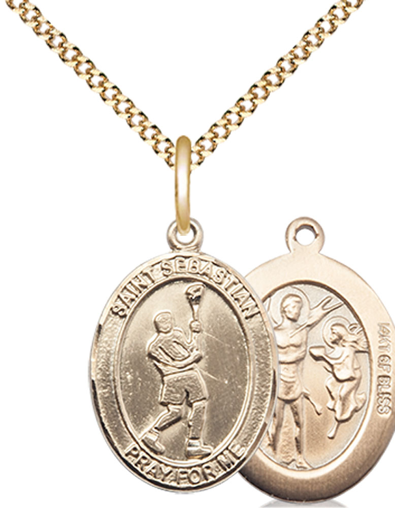 14kt Gold Filled Saint Sebastian Lacrosse Pendant on a 18 inch Gold Plate Light Curb chain