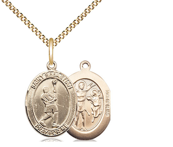 14kt Gold Filled Saint Sebastian Lacrosse Pendant on a 18 inch Gold Plate Light Curb chain