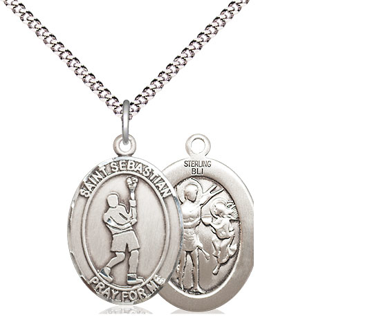 Sterling Silver Saint Sebastian Lacrosse Pendant on a 18 inch Light Rhodium Light Curb chain