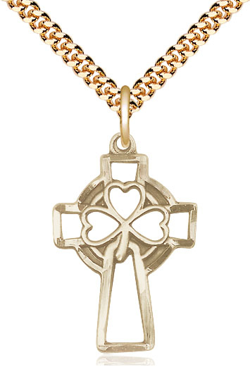 14kt Gold Filled Shamrock Cross Pendant on a 24 inch Gold Plate Heavy Curb chain