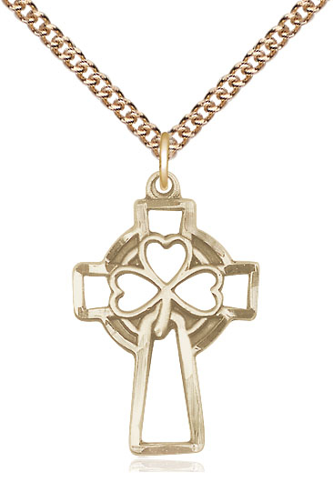 14kt Gold Filled Shamrock Cross Pendant on a 24 inch Gold Filled Heavy Curb chain