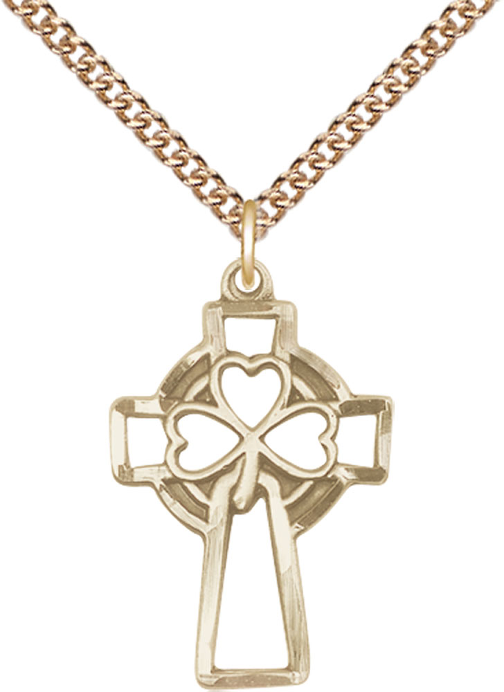 14kt Gold Filled Shamrock Cross Pendant on a 24 inch Gold Filled Heavy Curb chain