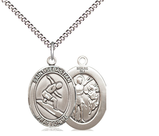 Sterling Silver Saint Sebastian Surfing Pendant on a 18 inch Light Rhodium Light Curb chain