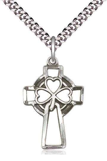 Sterling Silver Shamrock Cross Pendant on a 24 inch Light Rhodium Heavy Curb chain