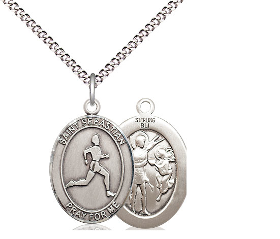 Sterling Silver Saint Sebastian Track and Field Pendant on a 18 inch Light Rhodium Light Curb chain