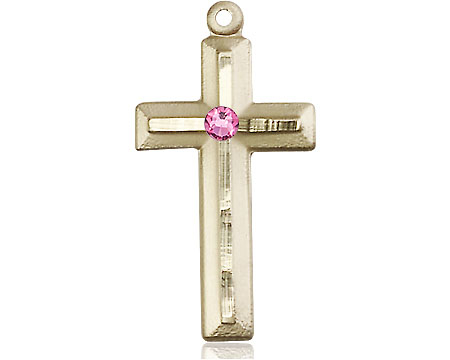 14kt Gold Filled Cross Medal with a 3mm Rose Swarovski stone