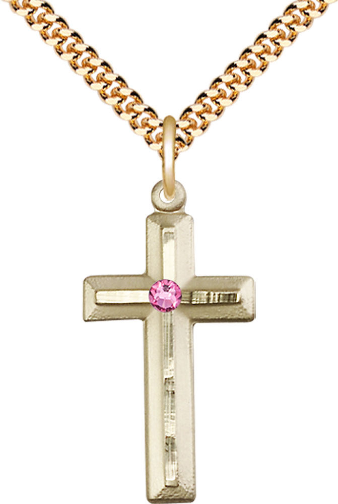 14kt Gold Filled Cross Pendant with a 3mm Rose Swarovski stone on a 24 inch Gold Plate Heavy Curb chain