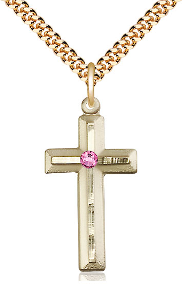 14kt Gold Filled Cross Pendant with a 3mm Rose Swarovski stone on a 24 inch Gold Plate Heavy Curb chain