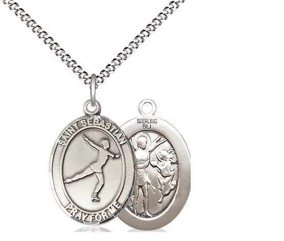 Sterling Silver Saint Sebastian Figure Skating Pendant on a 18 inch Light Rhodium Light Curb chain