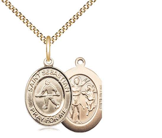 14kt Gold Filled Saint Sebastian Field Hockey Pendant on a 18 inch Gold Plate Light Curb chain