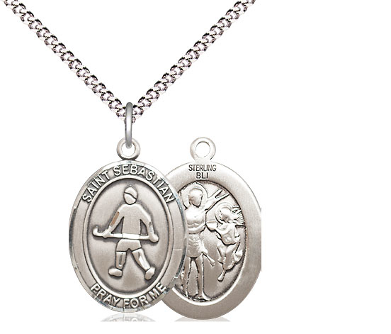 Sterling Silver Saint Sebastian Field Hockey Pendant on a 18 inch Light Rhodium Light Curb chain