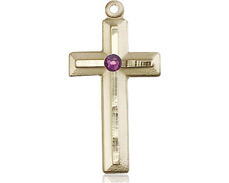 14kt Gold Filled Cross Medal with a 3mm Amethyst Swarovski stone