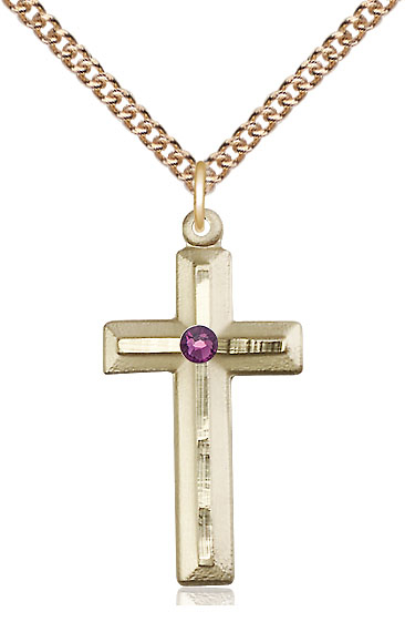 14kt Gold Filled Cross Pendant with a 3mm Amethyst Swarovski stone on a 24 inch Gold Filled Heavy Curb chain