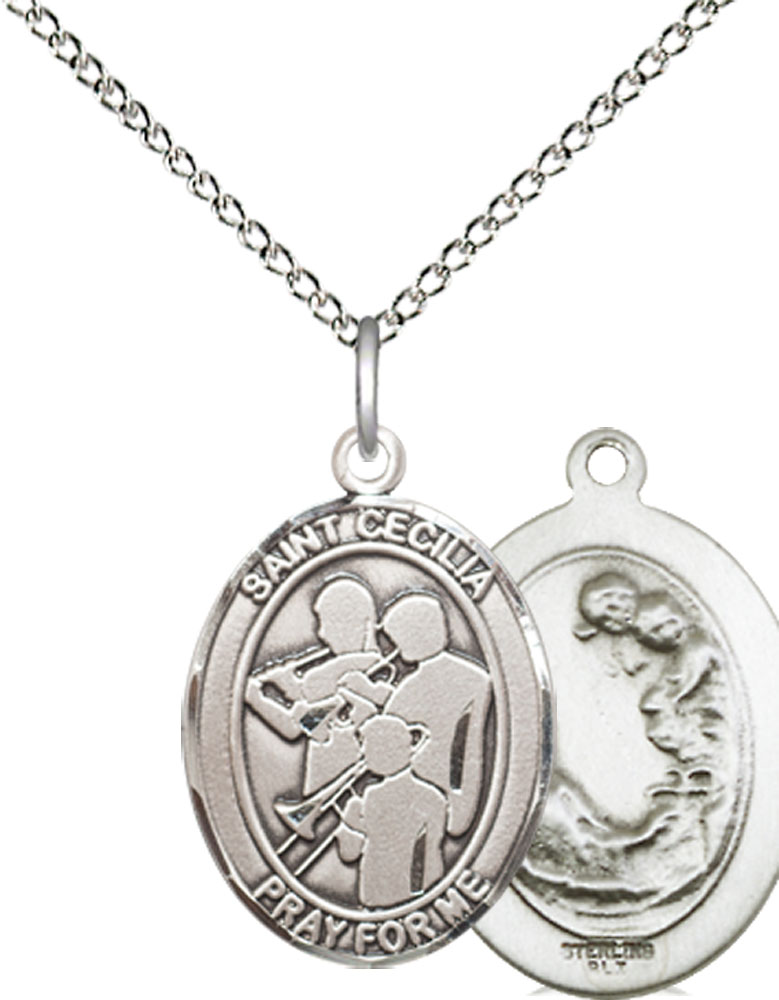 Sterling Silver Saint Cecilia Marching Band Pendant on a 18 inch Sterling Silver Light Curb chain