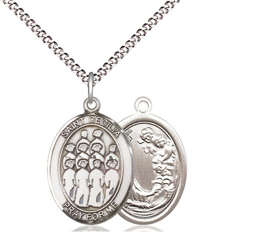 Sterling Silver Saint Cecilia Choir Pendant on a 18 inch Light Rhodium Light Curb chain