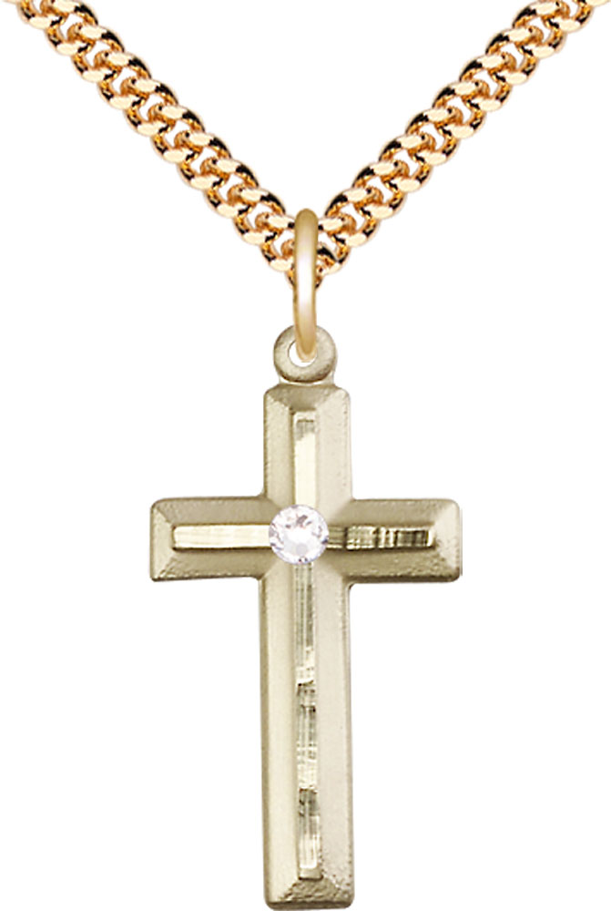 14kt Gold Filled Cross Pendant with a 3mm Crystal Swarovski stone on a 24 inch Gold Plate Heavy Curb chain
