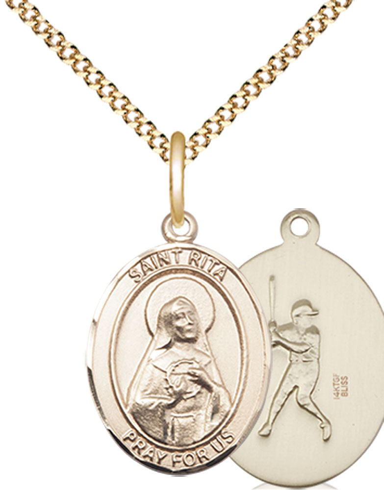 14kt Gold Filled Saint Rita Baseball Pendant on a 18 inch Gold Plate Light Curb chain