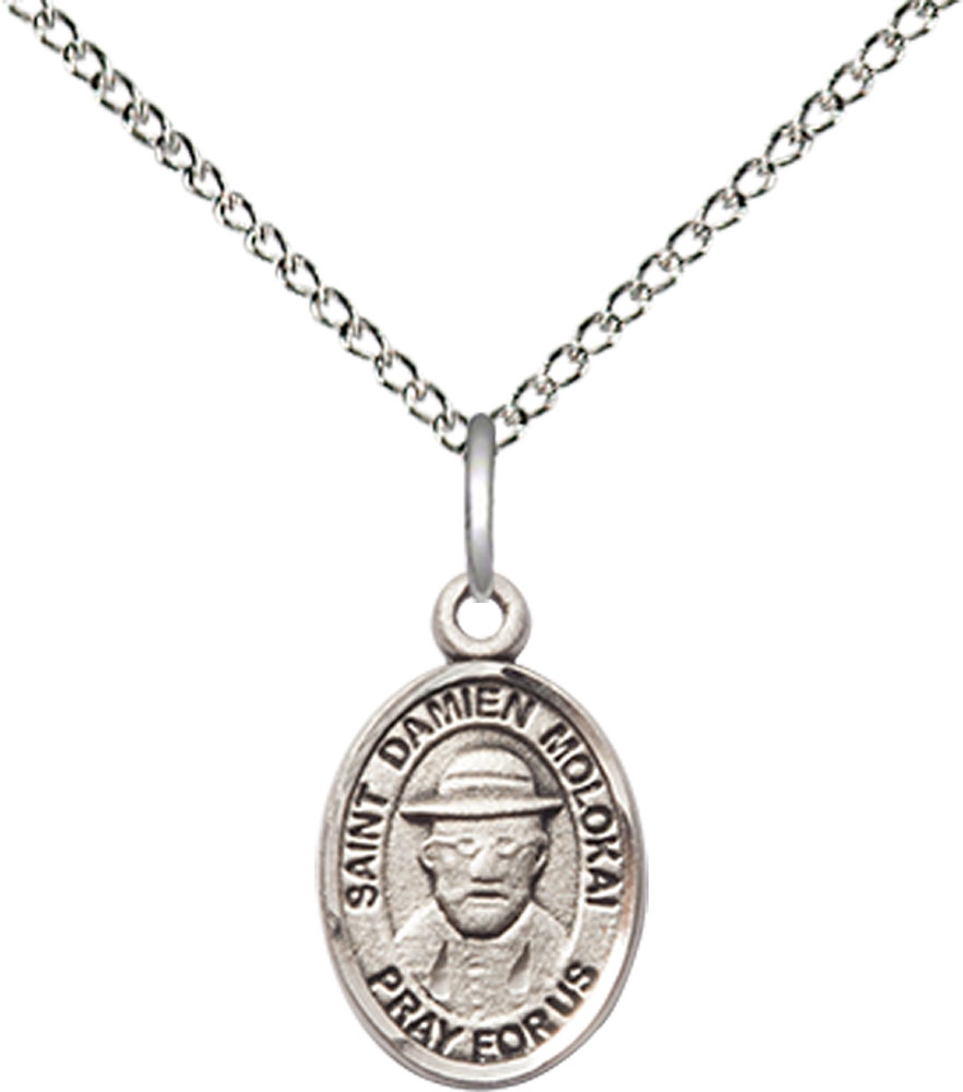 Sterling Silver Saint Damien of Molokai Pendant on a 18 inch Sterling Silver Light Curb chain