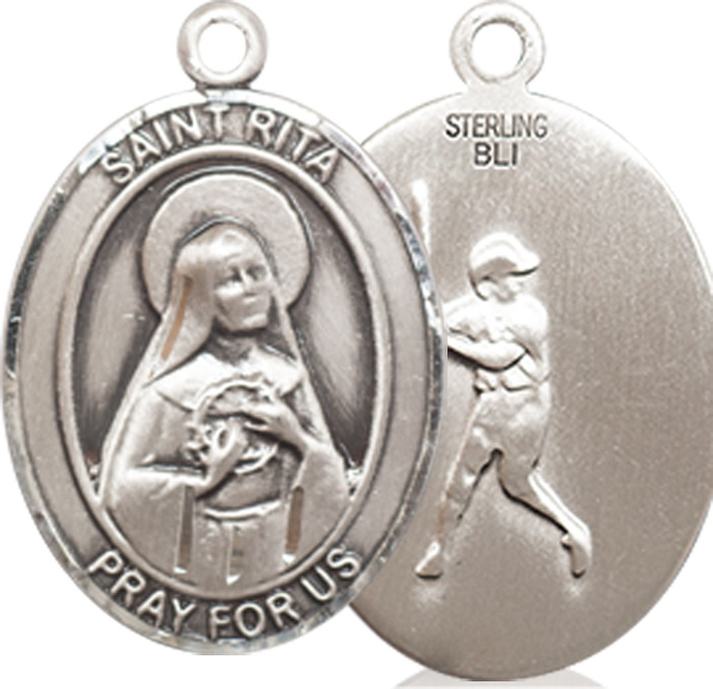 Sterling Silver Saint Rita Baseball Medal