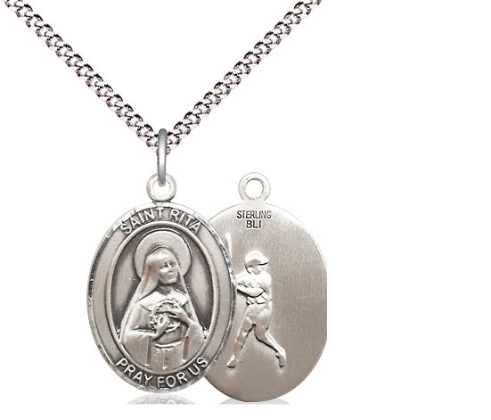 Sterling Silver Saint Rita Baseball Pendant on a 18 inch Light Rhodium Light Curb chain