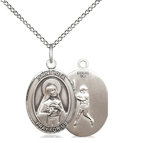 Sterling Silver Saint Rita Baseball Pendant on a 18 inch Sterling Silver Light Curb chain