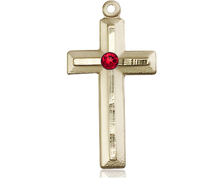 14kt Gold Filled Cross Medal with a 3mm Ruby Swarovski stone