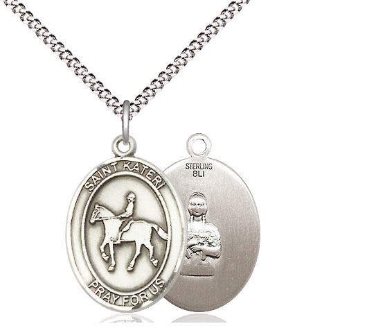 Sterling Silver Saint Kateri Equestrian Pendant on a 18 inch Light Rhodium Light Curb chain