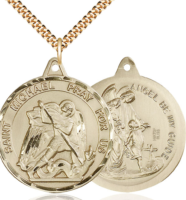 14kt Gold Filled Saint Michael Guardian Angel Pendant on a 24 inch Gold Plate Heavy Curb chain