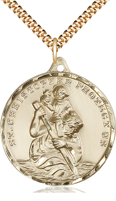 14kt Gold Filled Saint Christopher Pendant on a 24 inch Gold Plate Heavy Curb chain