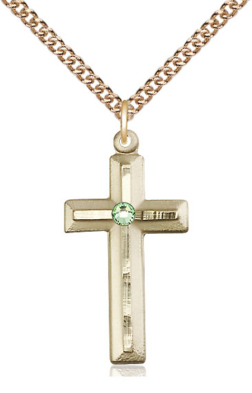 14kt Gold Filled Cross Pendant with a 3mm Peridot Swarovski stone on a 24 inch Gold Filled Heavy Curb chain