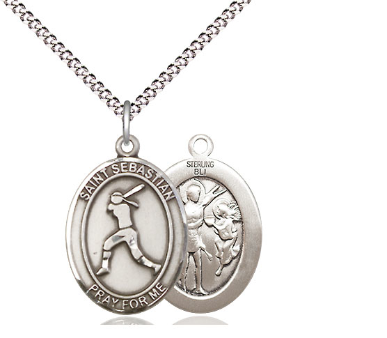 Sterling Silver Saint Sebastian  Softball Pendant on a 18 inch Light Rhodium Light Curb chain