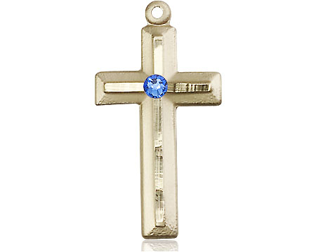 14kt Gold Filled Cross Medal with a 3mm Sapphire Swarovski stone