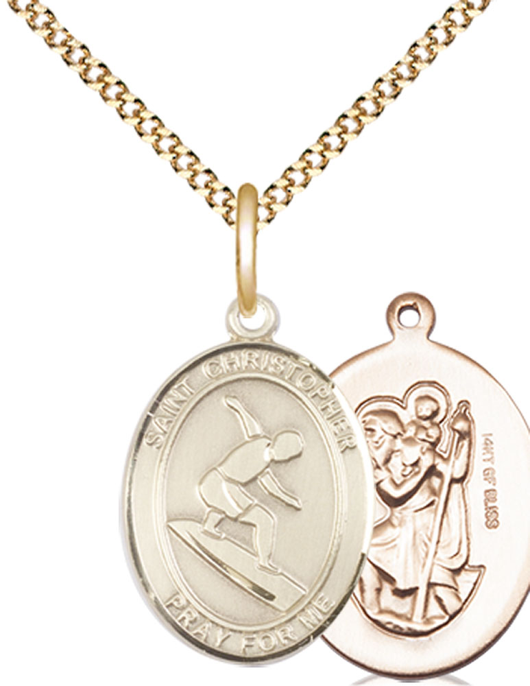 14kt Gold Filled Saint Christopher Surfing Pendant on a 18 inch Gold Plate Light Curb chain