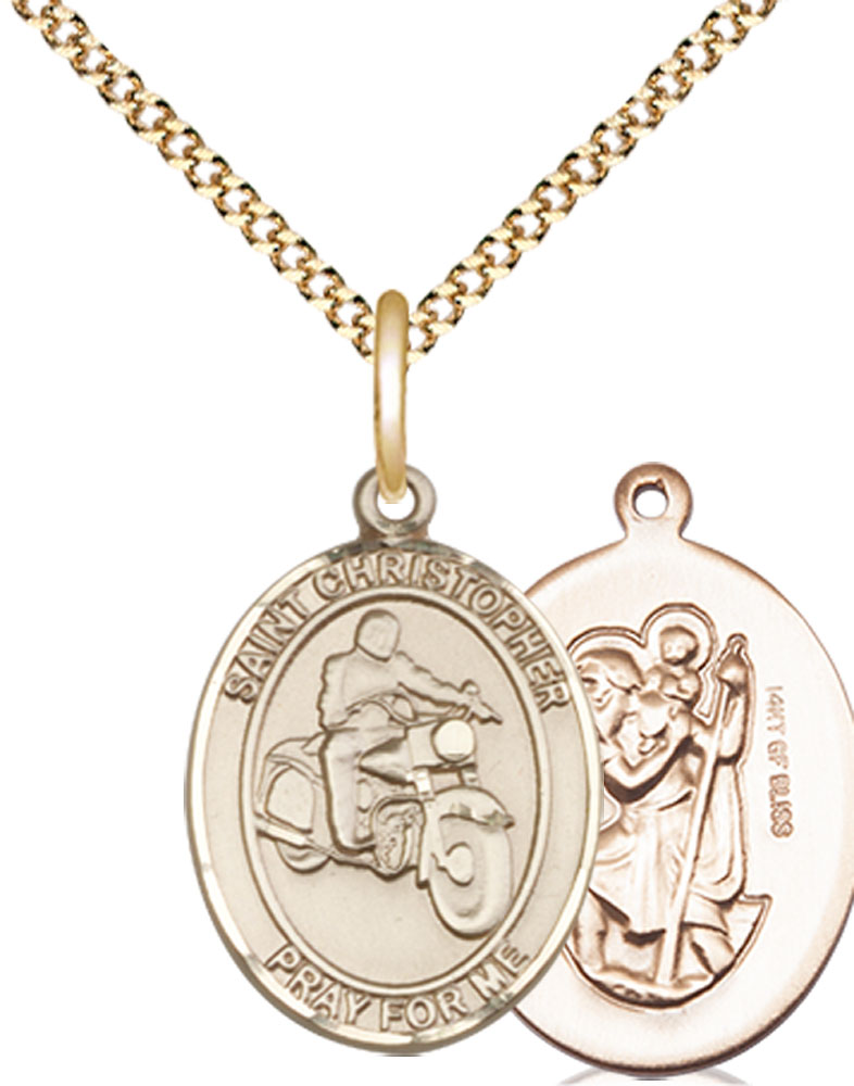 14kt Gold Filled Saint Christopher Motorcycle Pendant on a 18 inch Gold Plate Light Curb chain