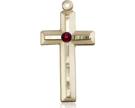 14kt Gold Cross Medal with a 3mm Garnet Swarovski stone