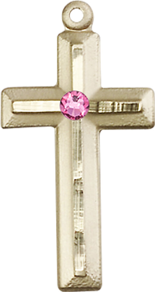 14kt Gold Cross Medal with a 3mm Rose Swarovski stone