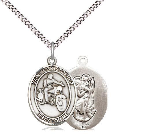 Sterling Silver Saint Christopher Motorcycle Pendant on a 18 inch Light Rhodium Light Curb chain