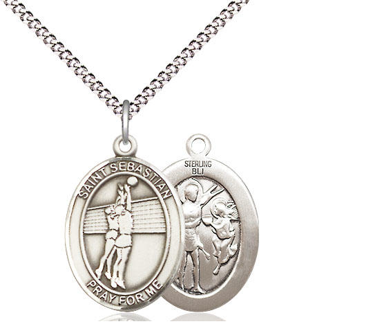 Sterling Silver Saint Sebastian Volleyball Pendant on a 18 inch Light Rhodium Light Curb chain