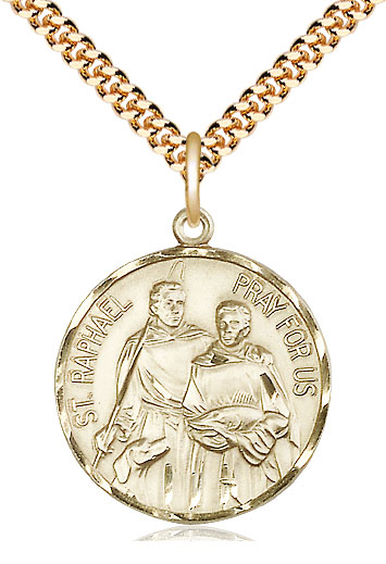 14kt Gold Filled Saint Raphael Pendant on a 24 inch Gold Plate Heavy Curb chain