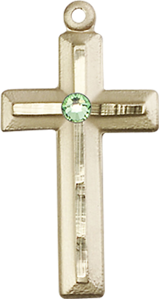 14kt Gold Cross Medal with a 3mm Peridot Swarovski stone