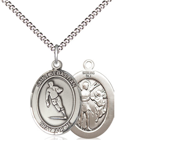 Sterling Silver Saint Sebastian Rugby Pendant on a 18 inch Light Rhodium Light Curb chain