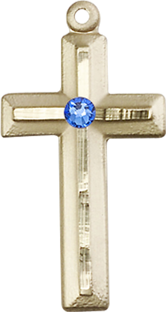 14kt Gold Cross Medal with a 3mm Sapphire Swarovski stone