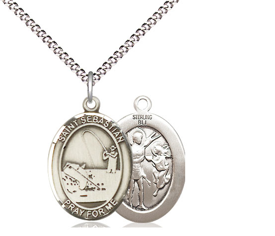 Sterling Silver Saint Sebastian Fishing Pendant on a 18 inch Light Rhodium Light Curb chain