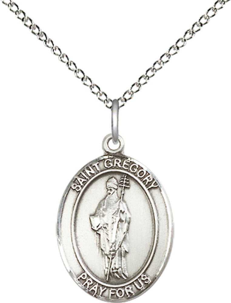 Sterling Silver Saint Gregory the Great Pendant on a 18 inch Sterling Silver Light Curb chain